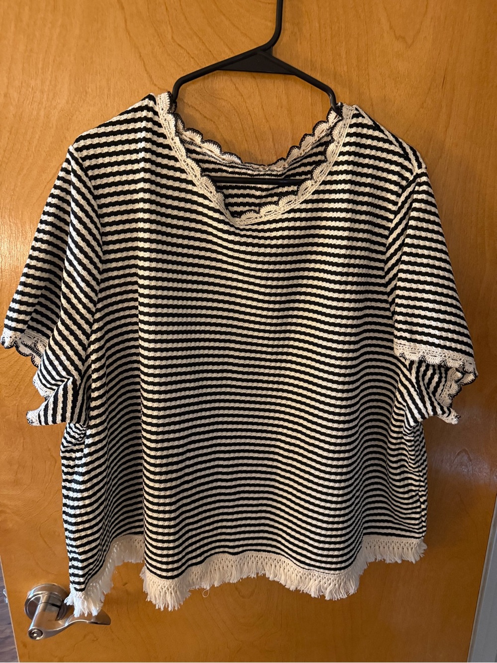 Striped Black & White Short Sleeve Top with Lace Trim